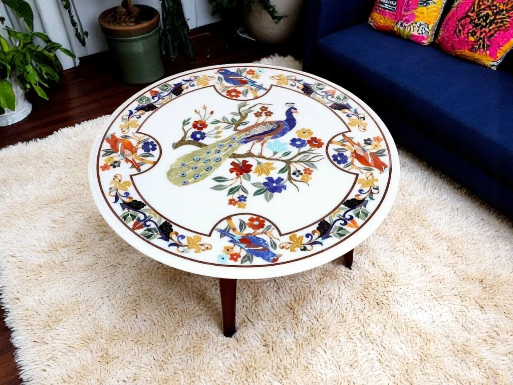 White Marble Round Table – Floral Peacock Bird Marquetry Art Décor